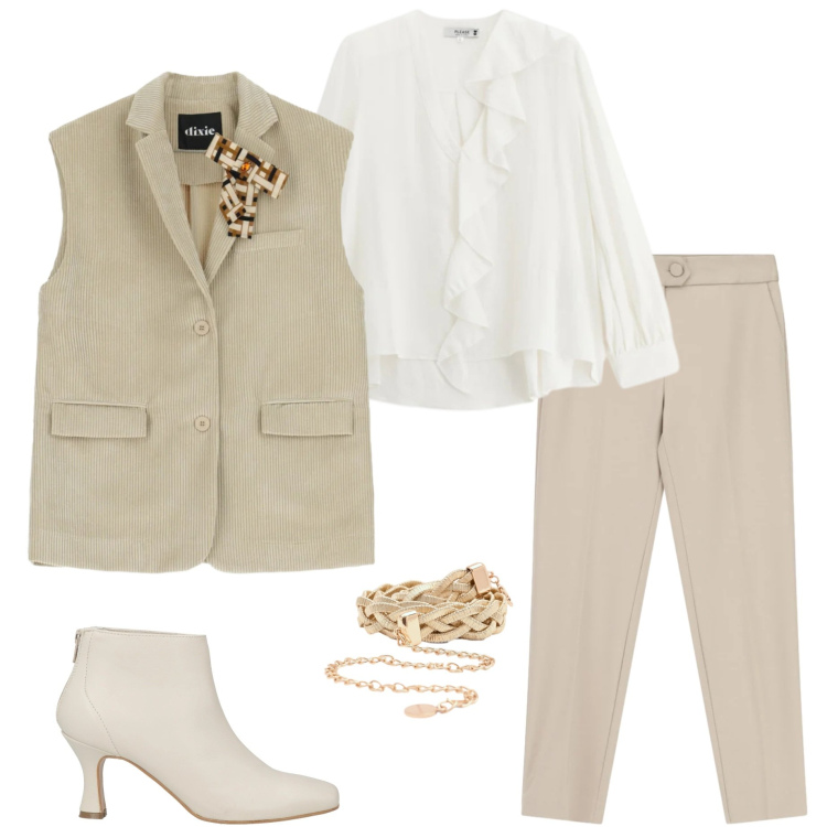 Outfit donna - Tonalità soft. Stile Casual chic per Tutti i giorni. Abbinamento con stivaletti, pantaloni, gilet, bluse, cinture.