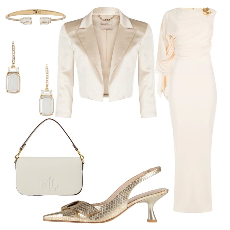 Outfit donna - Cerimonia Rinascimento. Stile Chic per Cerimonia. Abbinamento con décolleté, vestiti lunghi, bolero, orecchini, braccialetti, borse a spalla.