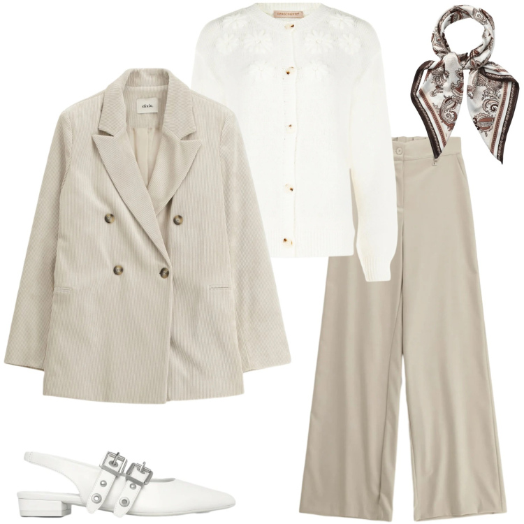 Outfit donna - Tonalità soft. Stile Casual chic per Ufficio. Abbinamento con foulard, ballerine, pantaloni a palazzo, blazer, cardigans.