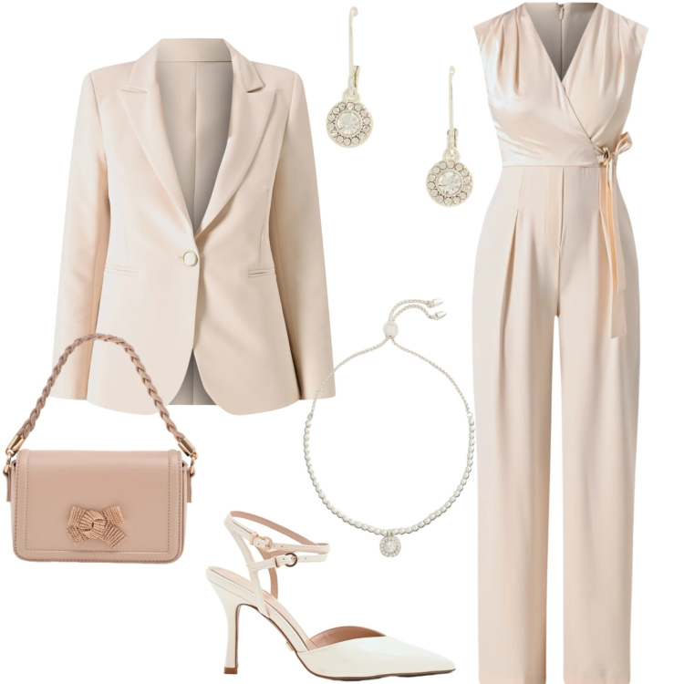 Outfit donna - Tonalità soft. Stile Chic per Cerimonia. Abbinamento con pochette, décolleté, blazer, vestiti chemisier, braccialetti, orecchini.