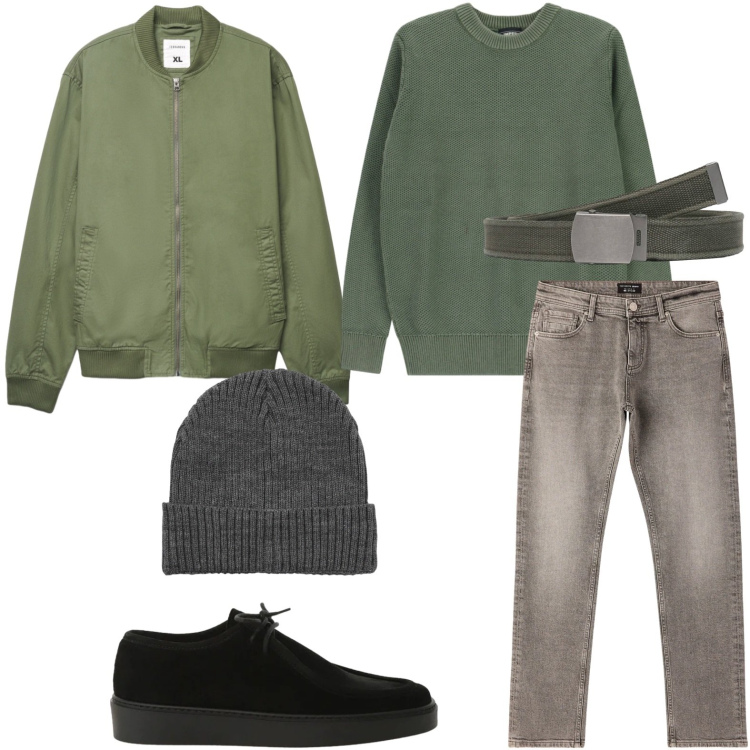 Outfit uomo - Tempo libero. Stile Casual per Tutti i giorni. Abbinamento con pullovers, scarpe stringate, cinture, berretti, bomber, jeans.