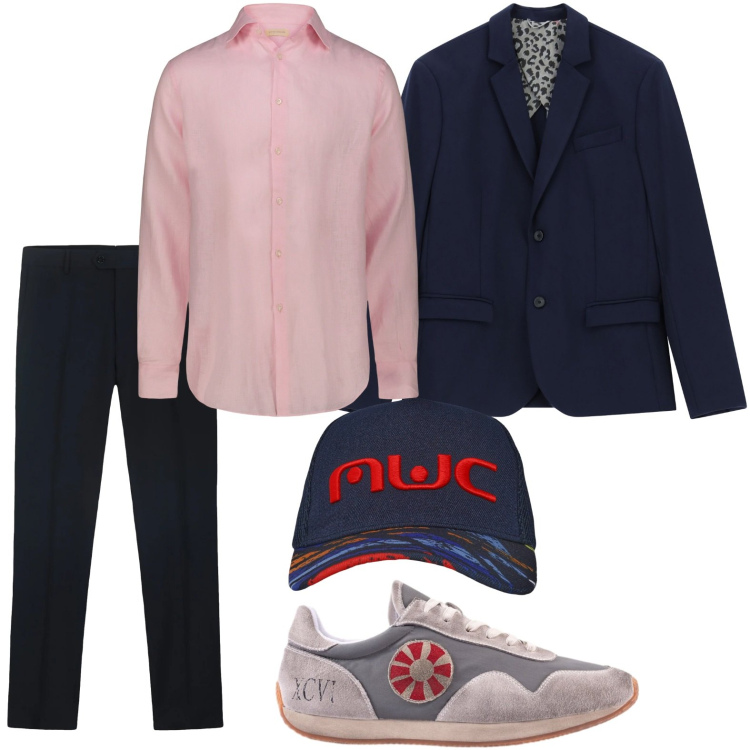 Outfit uomo - Sporty chic. Stile Trendy per Tutti i giorni. Abbinamento con giacche, cappelli con visiera, camicie, sneakers, pantaloni.