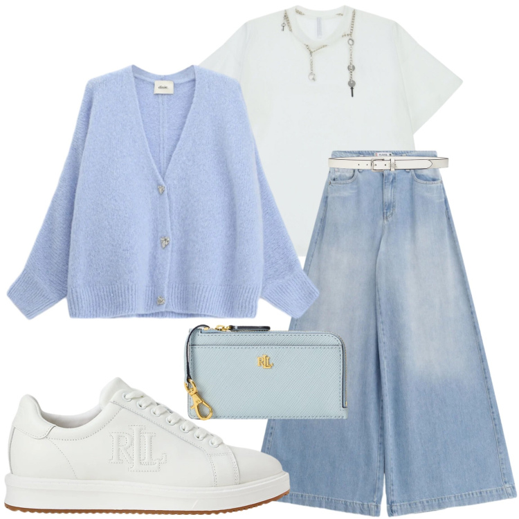 Outfit donna - Tonalità soft. Stile Casual chic per Ufficio. Abbinamento con t-shirt, cardigans, jeans, sneakers, portafogli, cinture.