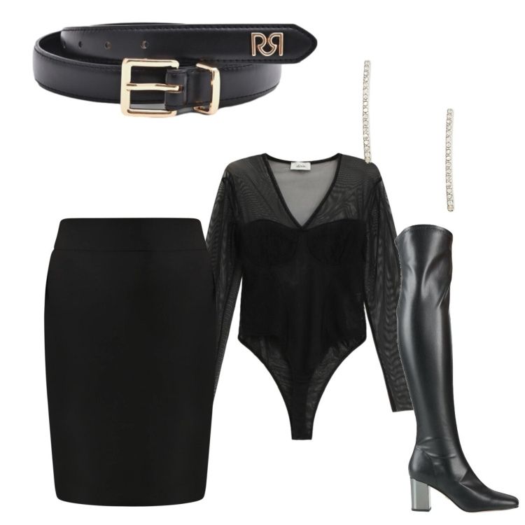 Outfit donna - Sexy black. Stile Sexy per Serata fuori. Abbinamento con stivali, body, gonne, cinture, orecchini.