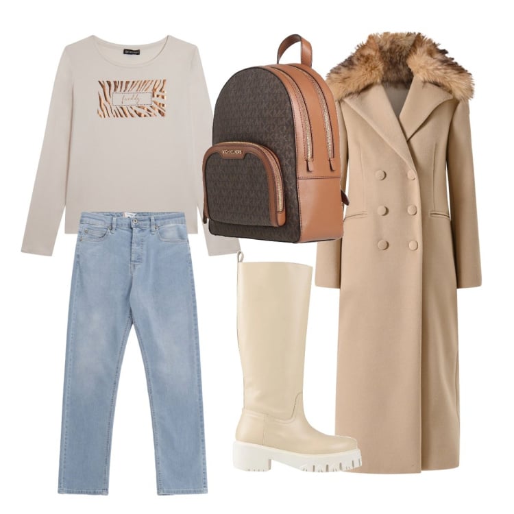 Outfit donna - Elegante con lo zaino in tinta. Stile Casual chic per Tutti i giorni. Abbinamento con zaini, stivali, jeans, cappotti, t-shirt.