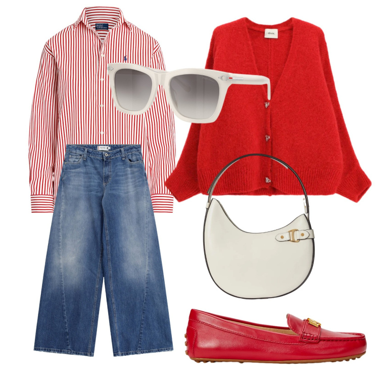 Outfit donna - Total look #2342859. Stile Trendy per Tutti i giorni. Abbinamento con cardigans, jeans, mocassini, camicie, occhiali da sole, borse a spalla.