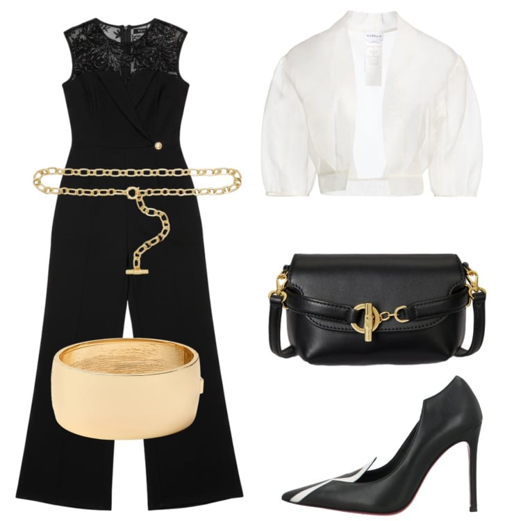 Outfit donna - Grande cerimonia. Stile Chic per Cerimonia. Abbinamento con blazer, décolleté, tute, cinture, borse a tracolla, braccialetti.