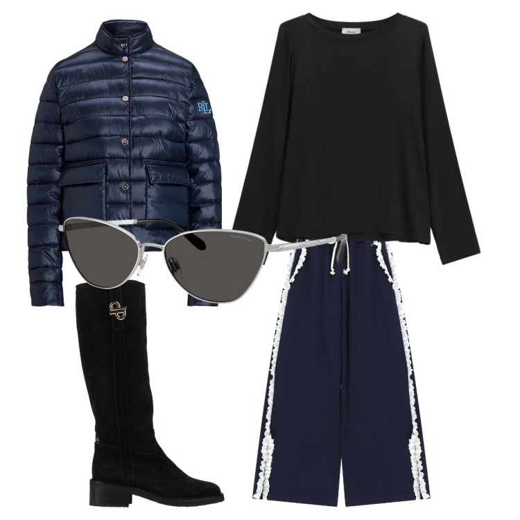 Outfit donna - Week end in montagna. Stile Sporty chic per Tutti i giorni. Abbinamento con stivali da neve, pantaloni a palazzo, t-shirt, piumini, occhiali da sole.
