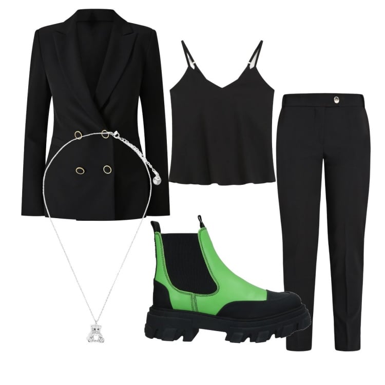 Outfit donna - Trendy in ufficio. Stile Trendy per Ufficio. Abbinamento con stivaletti, pantaloni, blazer, top, ciondoli.