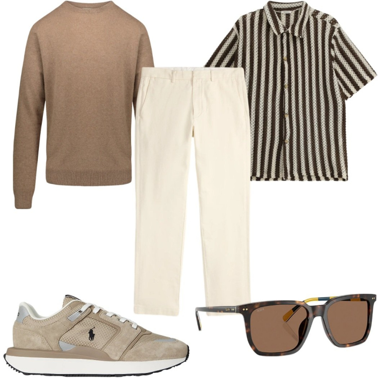 Outfit uomo - Total look #2342866. Stile Trendy per Tutti i giorni. Abbinamento con camicie a manica corta, occhiali da sole, pantaloni chino, sneakers, maglieria.