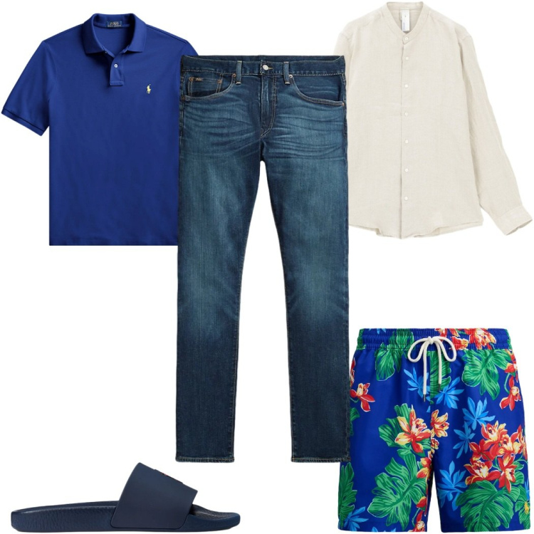 Outfit uomo - Total look #2342868. Stile Trendy per Mare. Abbinamento con camicie, polo, sandali, jeans, costumi.