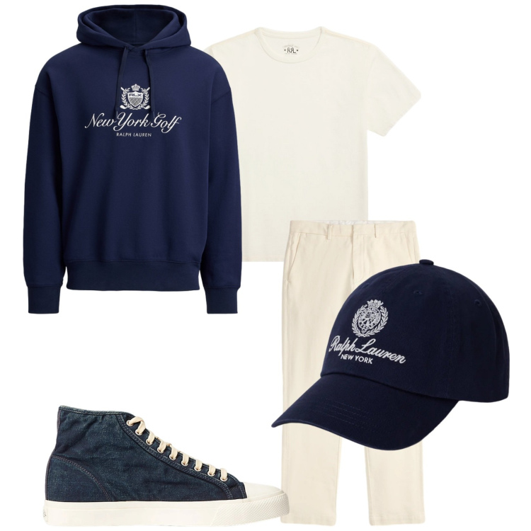 Outfit uomo - Total look #2342869. Stile Urban per Tutti i giorni. Abbinamento con sneakers, t-shirt, pantaloni chino, cappelli con visiera, felpe con cappuccio.