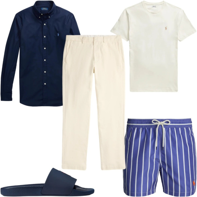 Outfit uomo - Total look #2342870. Stile Trendy per Mare. Abbinamento con costumi, sandali, pantaloni chino, t-shirt, camicie.