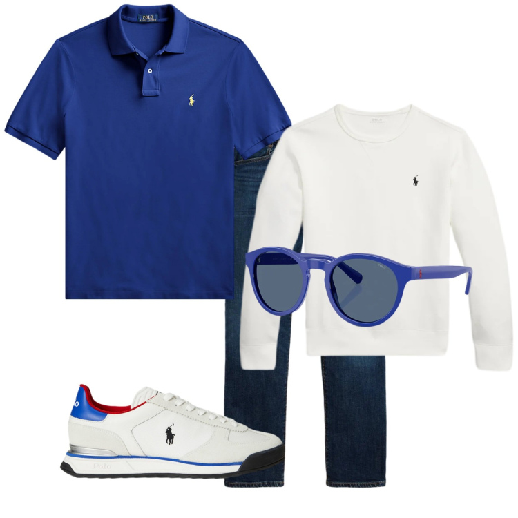 Outfit uomo - Total look #2342872. Stile Trendy per Tutti i giorni. Abbinamento con polo, jeans dritti, occhiali da sole, sneakers, felpe.
