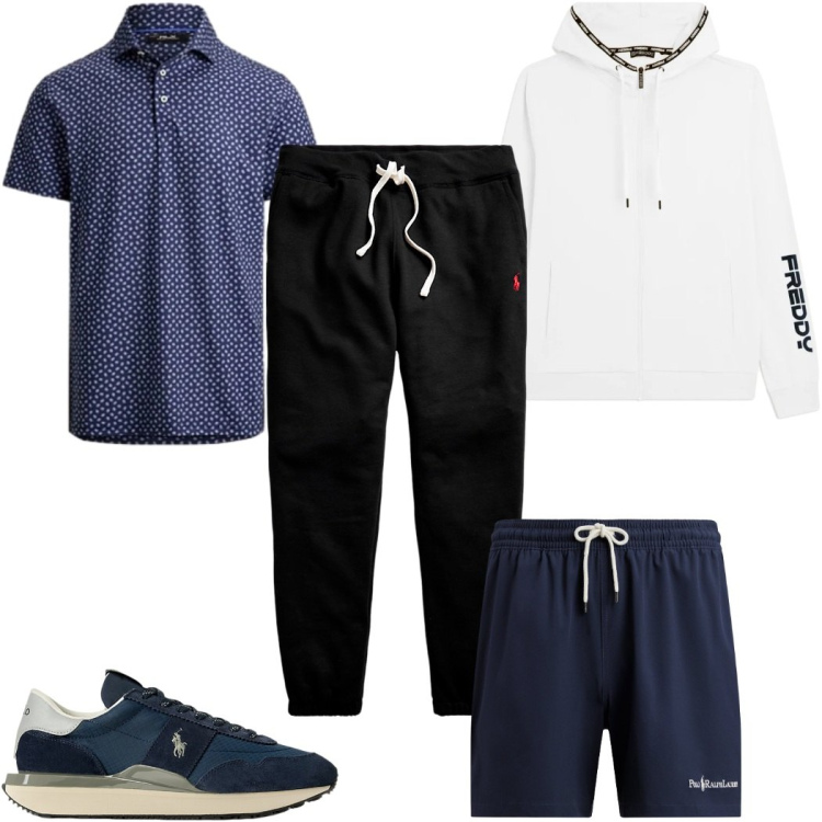 Outfit uomo - Total look #2342873. Stile Trendy per Mare. Abbinamento con felpe con cappuccio, pantaloni, sneakers, polo, costumi.
