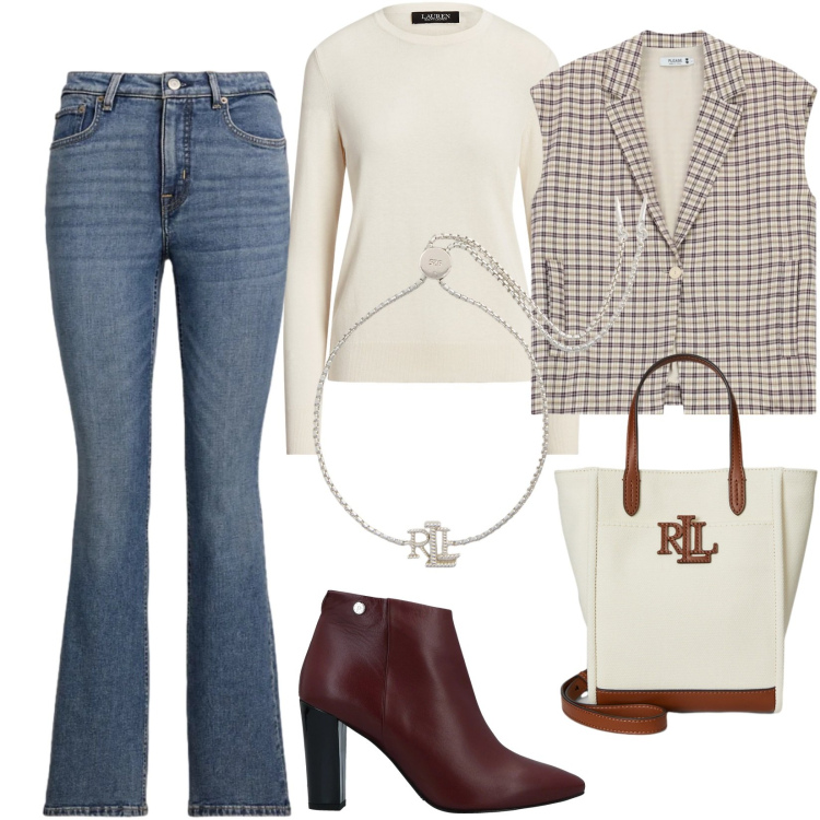Outfit donna - In ufficio con i jeans. Stile Casual chic per Ufficio. Abbinamento con stivaletti, gilet, jeans bootcut, braccialetti, maglieria, borse tote.