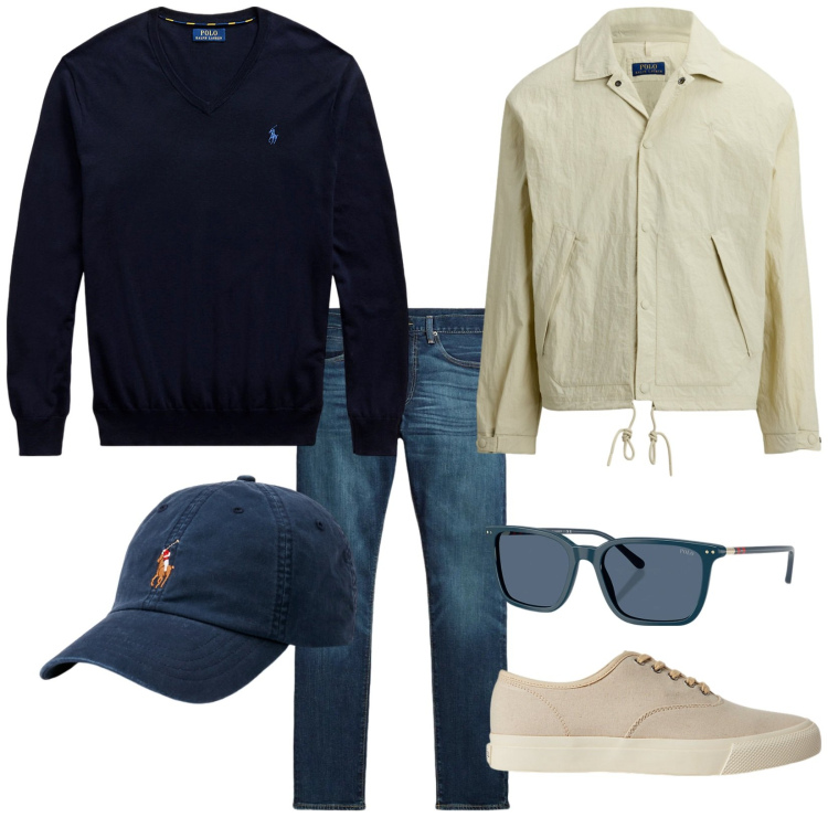 Outfit uomo - Sabato mattina. Stile Casual per Tutti i giorni. Abbinamento con sneakers, maglieria, cappelli, occhiali da sole, jeans, giacche sportive.