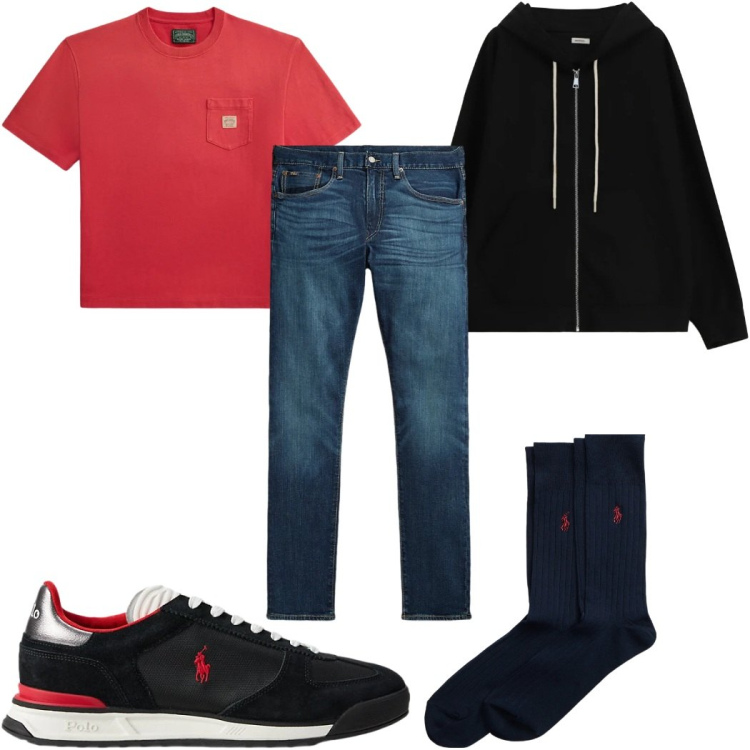 Outfit uomo - Total look #2342879. Stile Casual per Tutti i giorni. Abbinamento con felpe con cappuccio, calzini, sneakers, jeans, t-shirt.