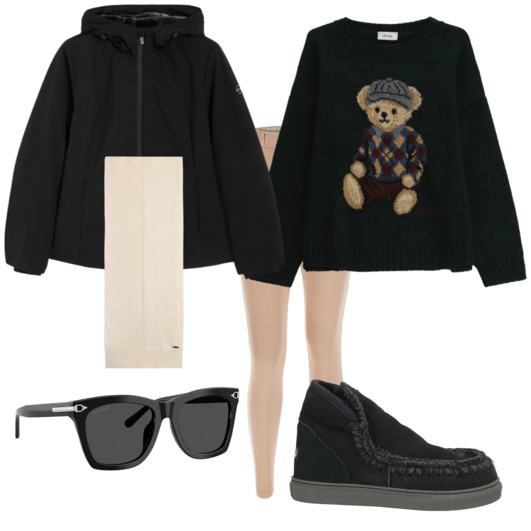 Outfit donna - Settimana in montagna. Stile Casual per Tutti i giorni. Abbinamento con stivaletti, maglieria, pantaloni skinny, sciarpe, bomber, occhiali da sole.