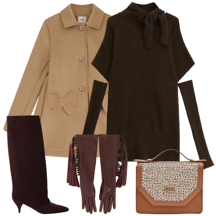 Outfit donna - Total look #2342885. Stile Casual chic per Tutti i giorni. Abbinamento con pochette, guanti, cappotti, vestiti lunghi, stivali.