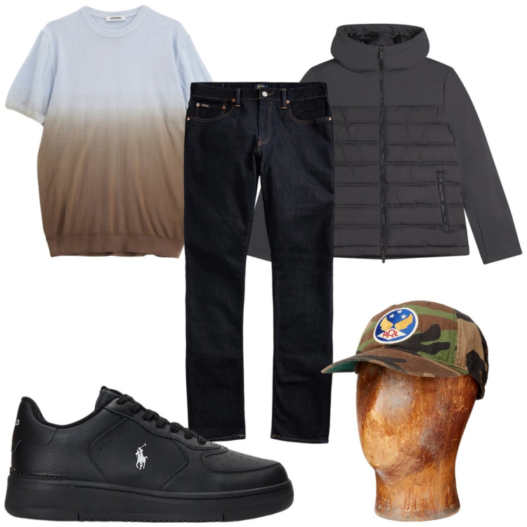 Outfit uomo - Total look #2342886. Stile Casual per Tutti i giorni. Abbinamento con t-shirt, piumini, sneakers, jeans, cappelli.