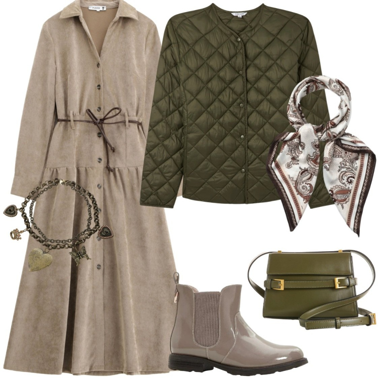 Outfit donna - Abito seude. Stile Casual chic per Tutti i giorni. Abbinamento con borse a tracolla, stivaletti chelsea, foulard, piumini, collane, vestiti lunghi.