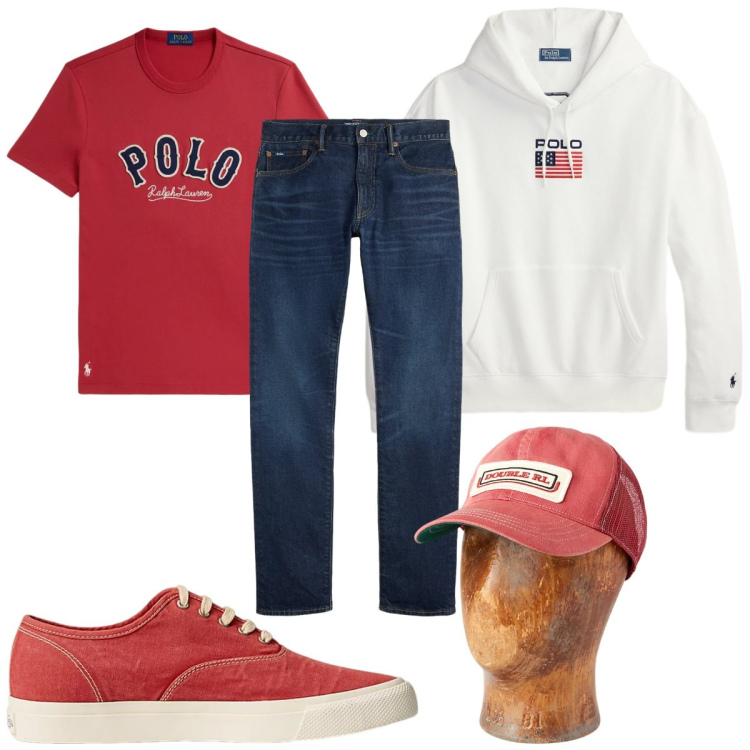Outfit uomo - Total look #2342889. Stile Trendy per Tutti i giorni. Abbinamento con sneakers, cappelli, jeans, felpe con cappuccio, t-shirt.