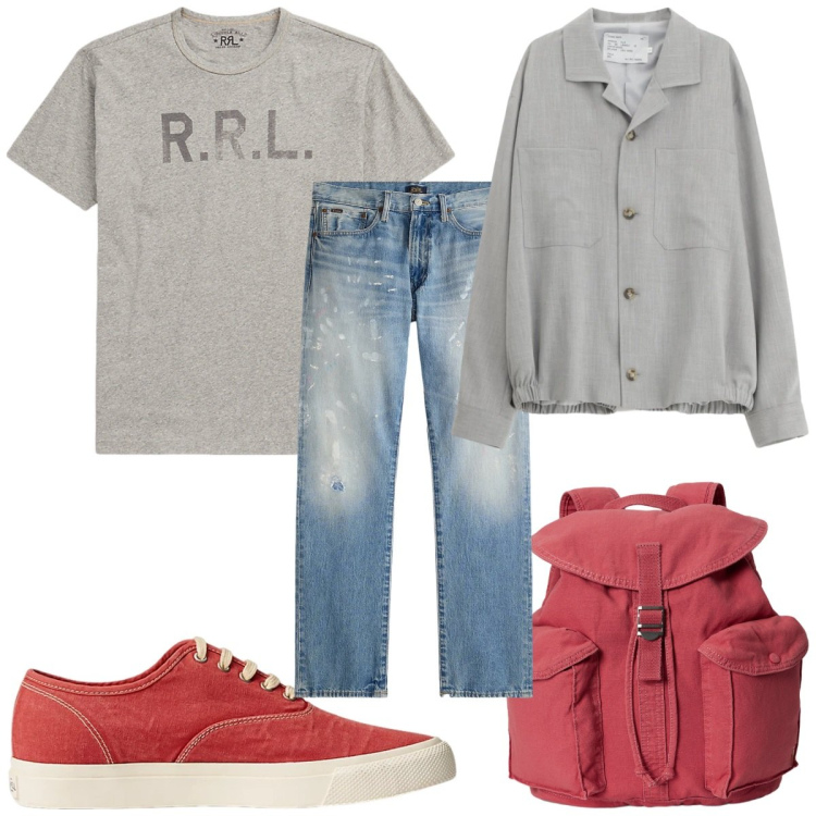 Outfit uomo - Total look #2342890. Stile Trendy per Tutti i giorni. Abbinamento con cappotti, t-shirt, sneakers, jeans dritti, borse sportive.