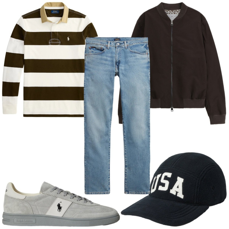 Outfit uomo - Total look #2342895. Stile Casual per Tutti i giorni. Abbinamento con bomber, jeans, maglieria, sneakers, cappelli con visiera.