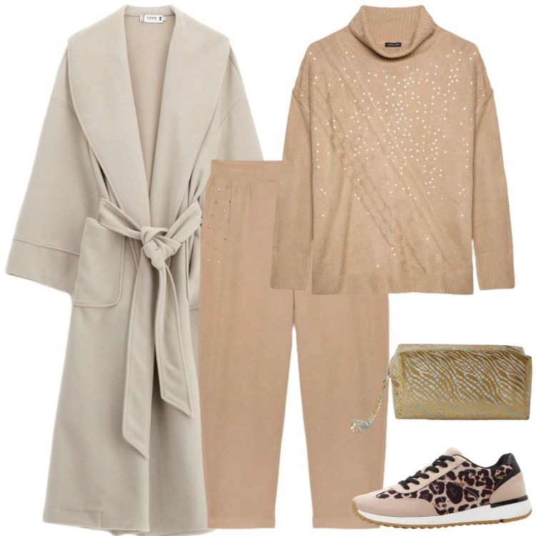 Outfit donna - Beige &bianco. Stile Casual chic per Tutti i giorni. Abbinamento con sneakers, pochette, pantaloni, maglieria, cappotti.