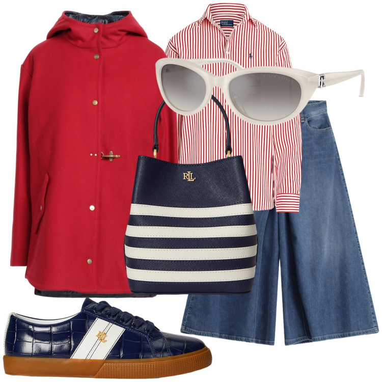 Outfit donna - In barca a fine febbraio. Stile Casual chic per Mare. Abbinamento con parka, jeans, camicie, occhiali da sole, sneakers, borse a secchiello.