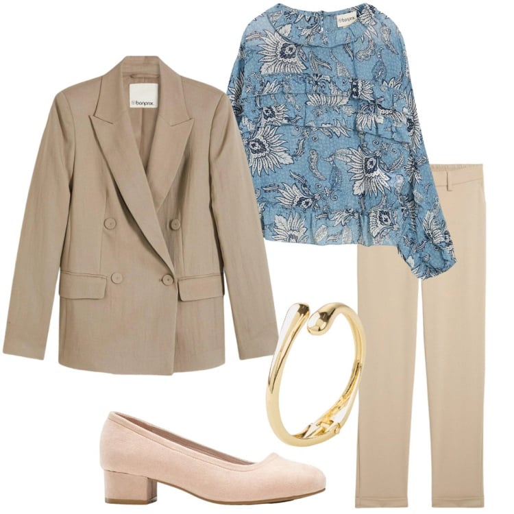 Outfit donna - Bonprix new collection. Stile Casual chic per Ufficio. Abbinamento con décolleté, pantaloni chino, braccialetti, bluse, blazer.