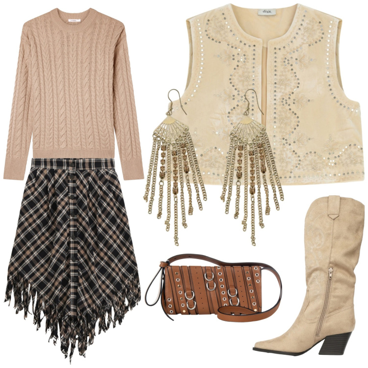 Outfit donna - Look boho. Stile Boho per Tutti i giorni. Abbinamento con maglieria, stivali, gilet, gonne longuette, orecchini, borse a spalla.