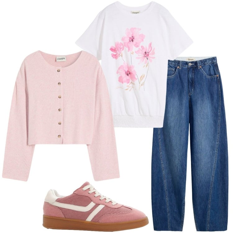 Outfit donna - Bonprix. Stile Casual chic per Tutti i giorni. Abbinamento con jeans, cardigans, t-shirt, sneakers.