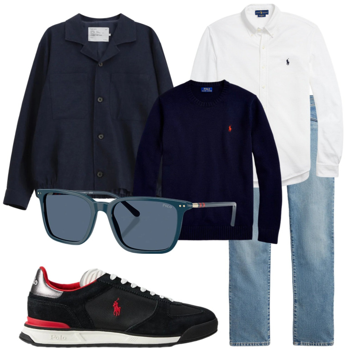 Outfit uomo - Oggi vado in barca. Stile Casual per Mare. Abbinamento con cappotti, camicie, maglieria, occhiali da sole, sneakers, jeans.