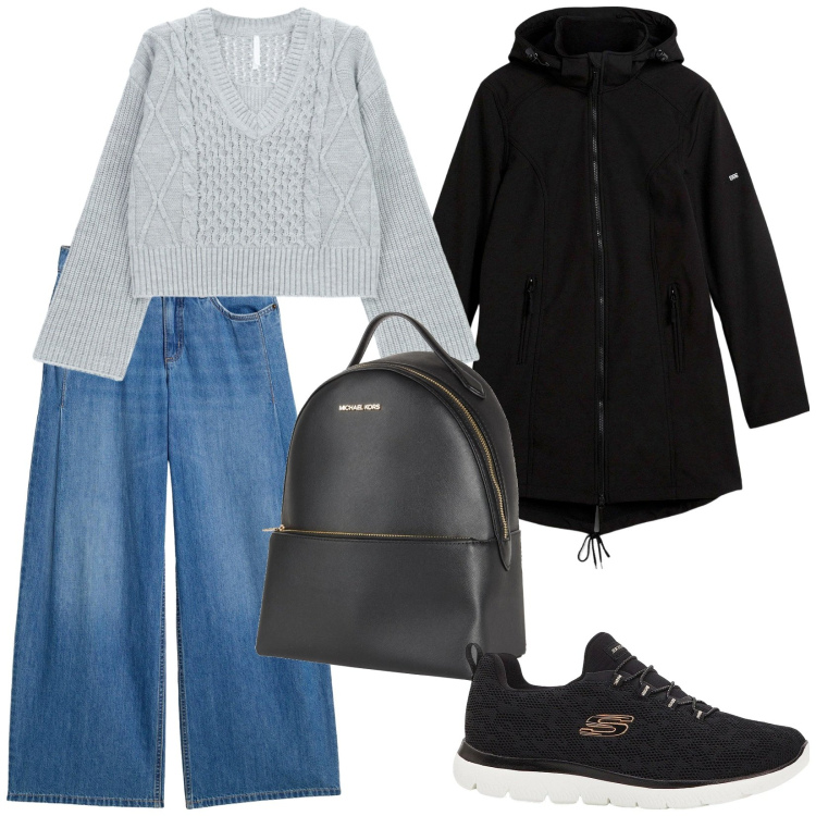 Outfit donna - Tempo libero. Stile Casual per Tutti i giorni. Abbinamento con zaini, parka, jeans, sneakers, maglieria.