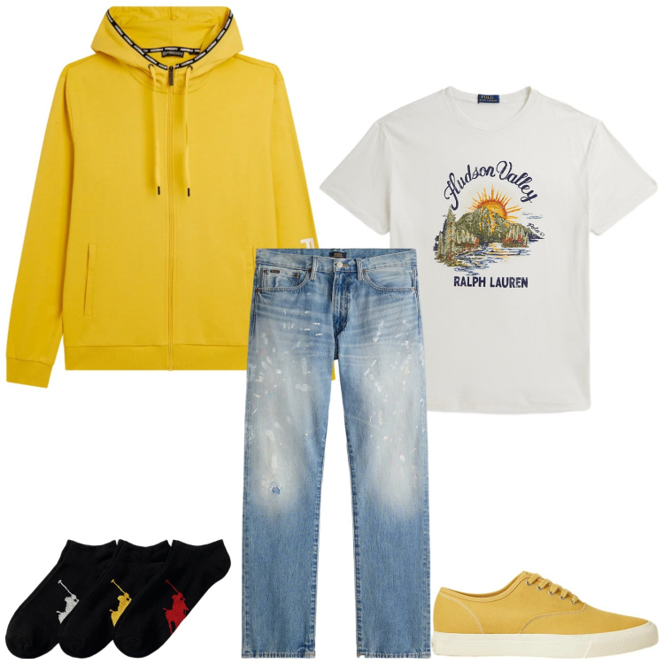 Outfit uomo - Total look #2342909. Stile Trendy per Tutti i giorni. Abbinamento con felpe con cappuccio, calzini, sneakers, jeans dritti, t-shirt.