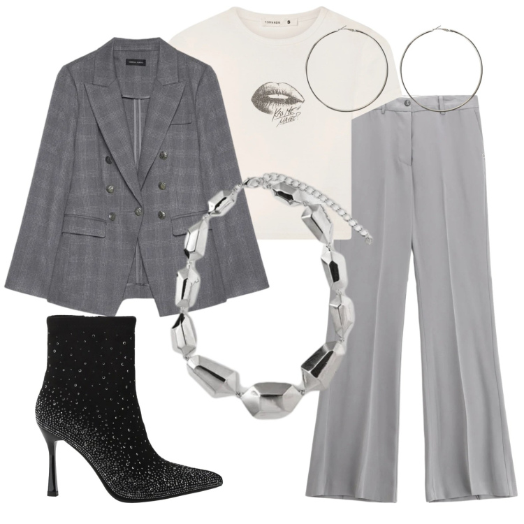 Outfit donna - A cena da amici. Stile Casual chic per Serata fuori. Abbinamento con t-shirt, stivaletti, blazer, ciondoli, orecchini, pantaloni.