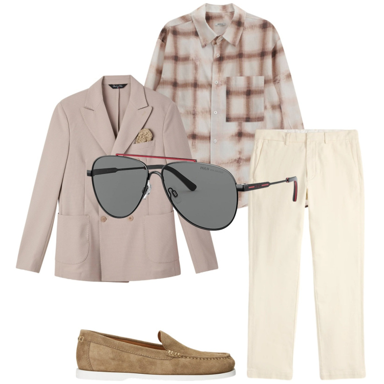 Outfit uomo - Total look #2342912. Stile Trendy per Cerimonia. Abbinamento con camicie, giacche, occhiali da sole, scarpe stringate, pantaloni chino.