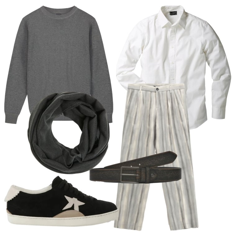 Outfit uomo - A cena da amici. Stile Casual per Tutti i giorni. Abbinamento con camicie, pantaloni, sneakers, sciarpe, cinture, maglieria.