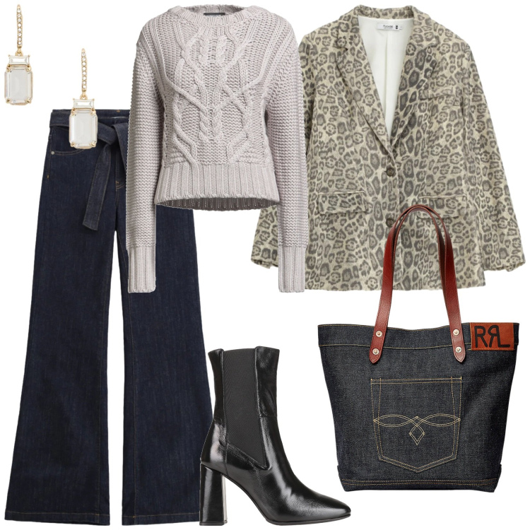 Outfit donna - Nel quotidiano. per Tutti i giorni. Abbinamento con stivaletti chelsea, pullovers, jeans a zampa, blazer, borse tote, orecchini.