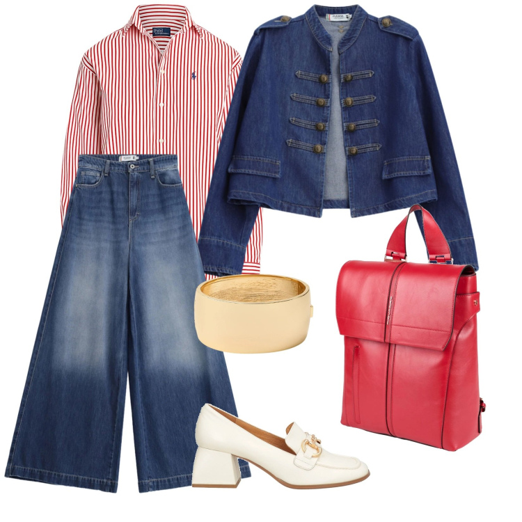 Outfit donna - Primavera. per Tutti i giorni. Abbinamento con zaini, mocassini, blazer, jeans, camicie, braccialetti.