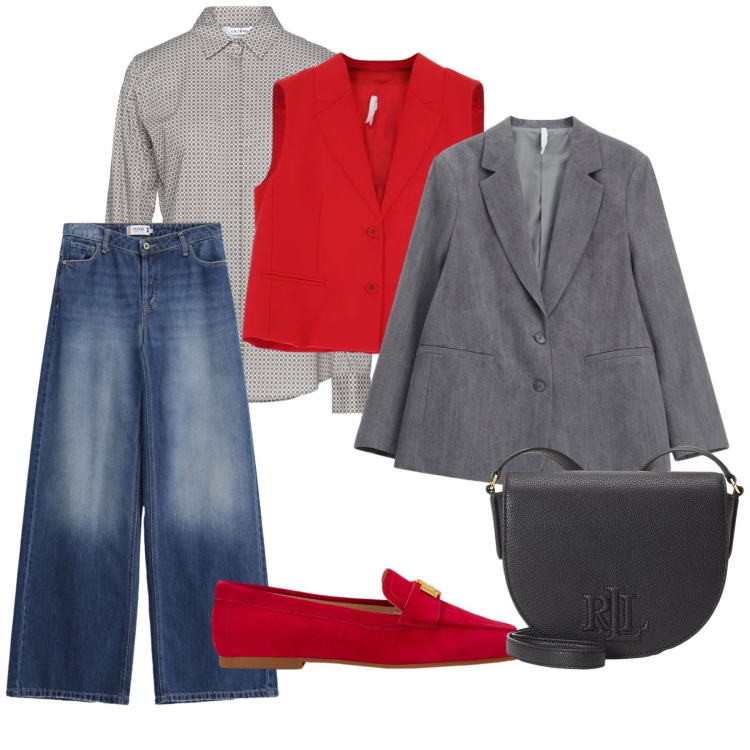 Outfit donna - Grigio e rosso. per Tutti i giorni. Abbinamento con camicie, gilet, blazer, jeans, mocassini, borse a tracolla.
