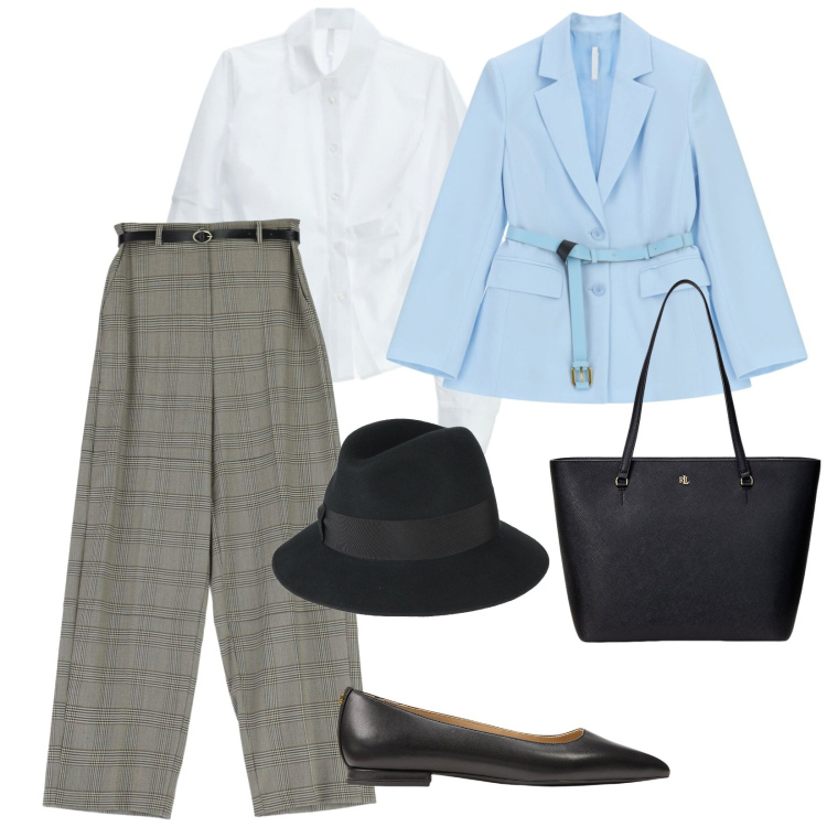 Outfit donna - Di giorno. per Ufficio. Abbinamento con cappelli, camicie, pantaloni a palazzo, blazer, borse tote, ballerine.
