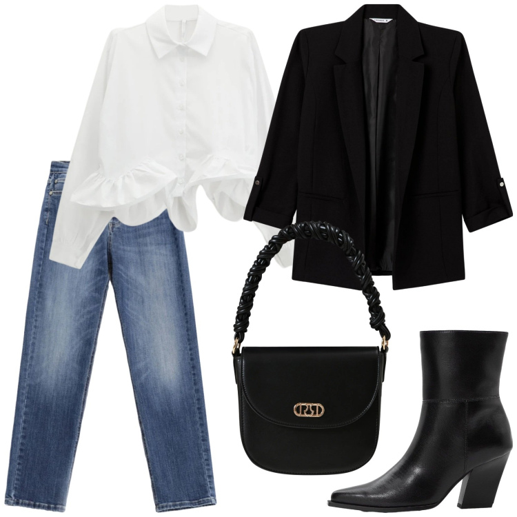 Outfit donna - Total look #2342928. Stile Casual chic per Ufficio. Abbinamento con stivaletti, blazer, camicie, jeans, borse a mano.