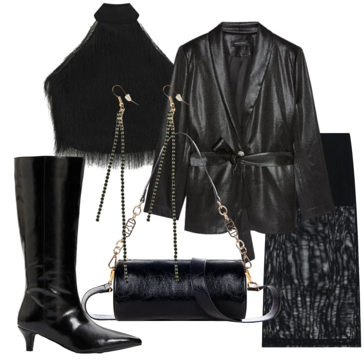 Outfit donna - Stasera musica dal vivo. Total black. Stile Rock per Serata fuori. Abbinamento con stivali, blazer, gonne lunghe, orecchini, top, borse a mano.