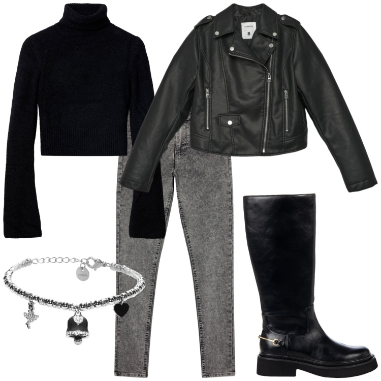 Outfit donna - Total look #2342932. Stile Rock per Tutti i giorni. Abbinamento con jeggings, maglieria, giacche, braccialetti, stivali sopra il ginocchio.