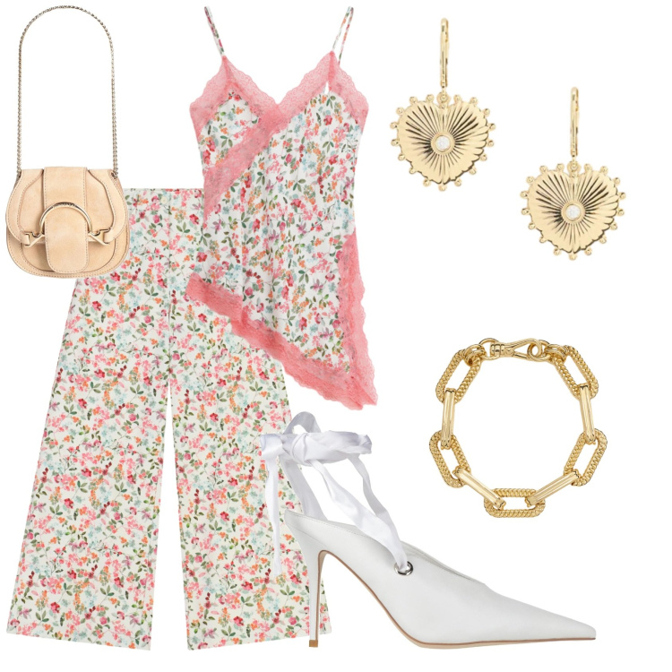 Outfit donna - Bridgerton. Stile Chic per Cerimonia. Abbinamento con marsupi, décolleté, pantaloni a palazzo, canottiere, braccialetti, orecchini.