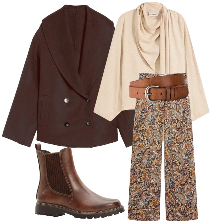 Outfit donna - Inizi di primavera. Stile Sporty chic per Serata fuori. Abbinamento con pantaloni, maglieria, caban, stivaletti, cinture.