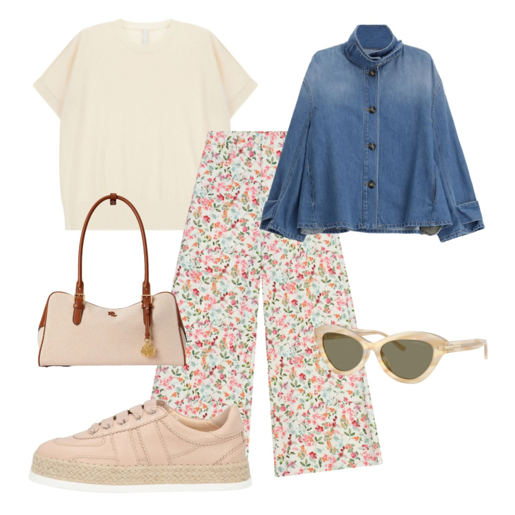 Outfit donna - Fiori di prato. Stile Urban per Scuola/Università. Abbinamento con espadrillas, pantaloni a palazzo, t-shirt, blazer, occhiali da sole, borse a mano.